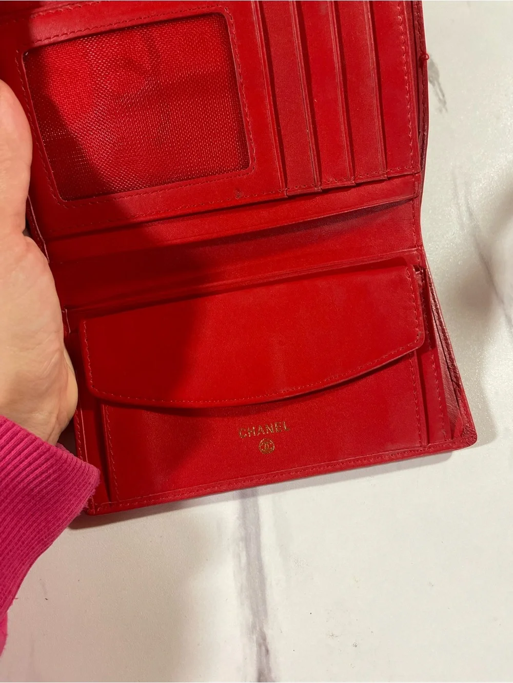 CHANEL Red Quilted Leather Wallet with Gold CC Emblem